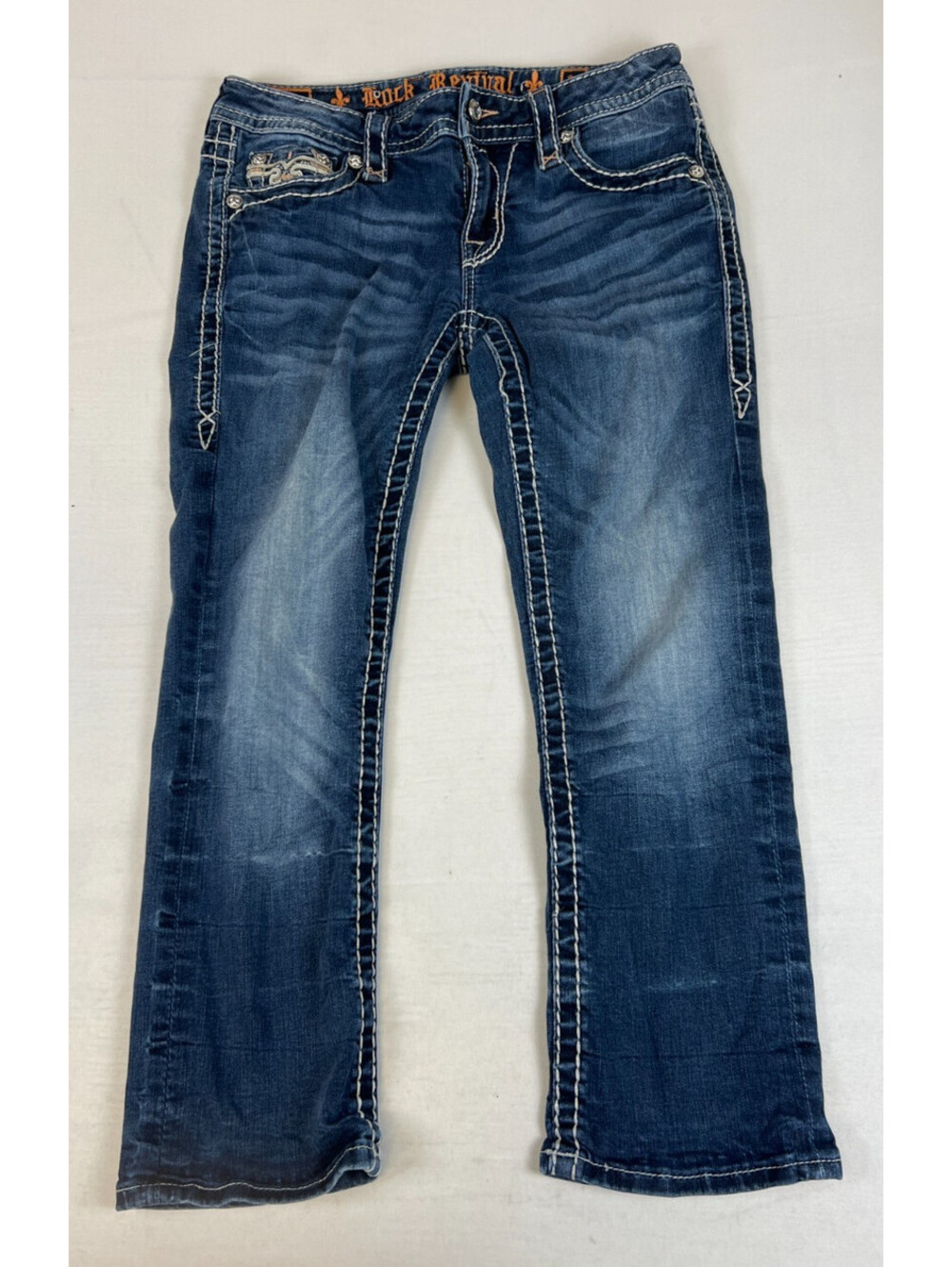 Rock Revival Women 28 Iselin P4 Capri Jeans Blue Distressed Crystal Flap